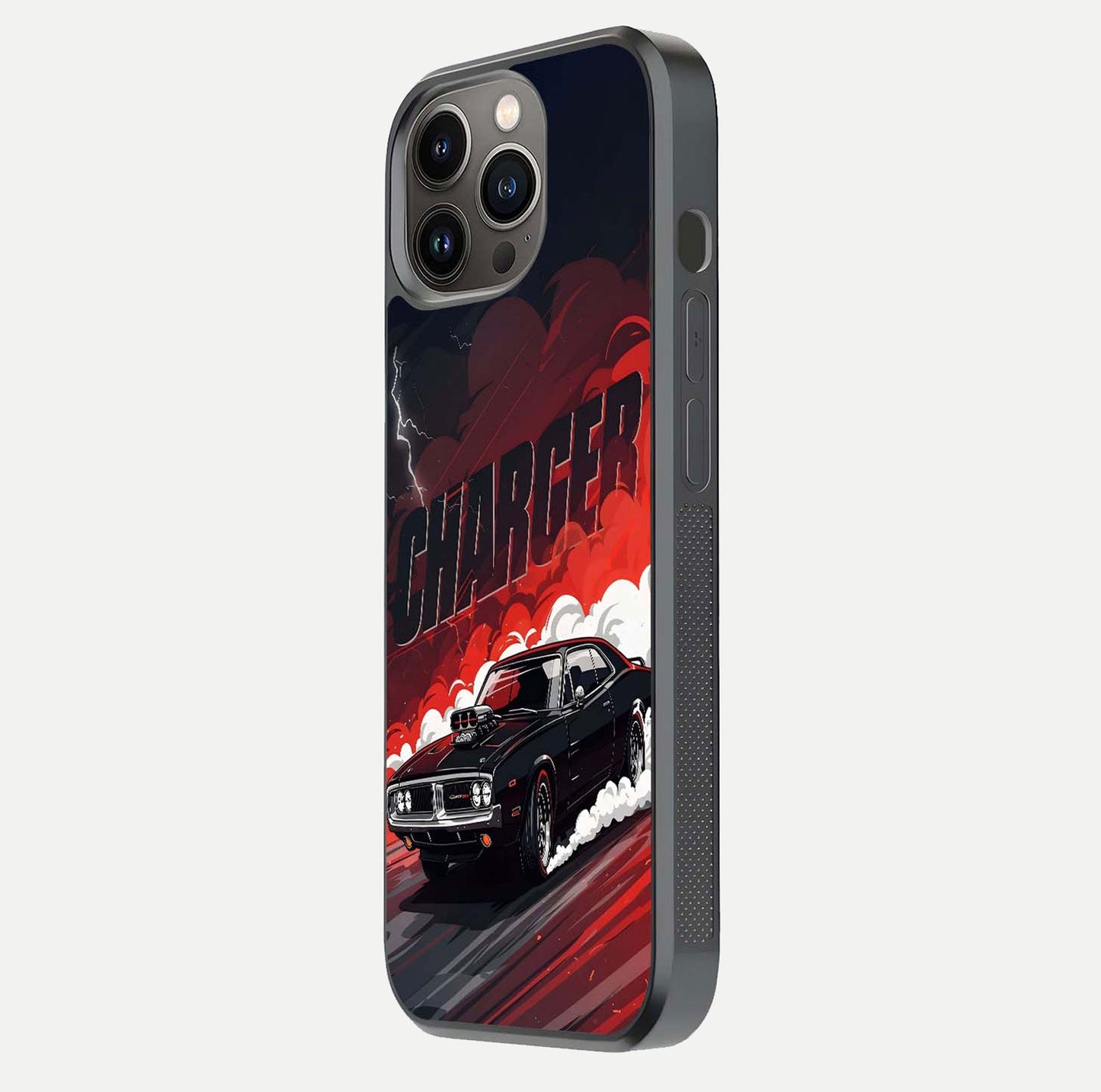 Dark Charger Fury Glass Case for iPhone 13 Pro side-angle image showing edge gloss and bold tone