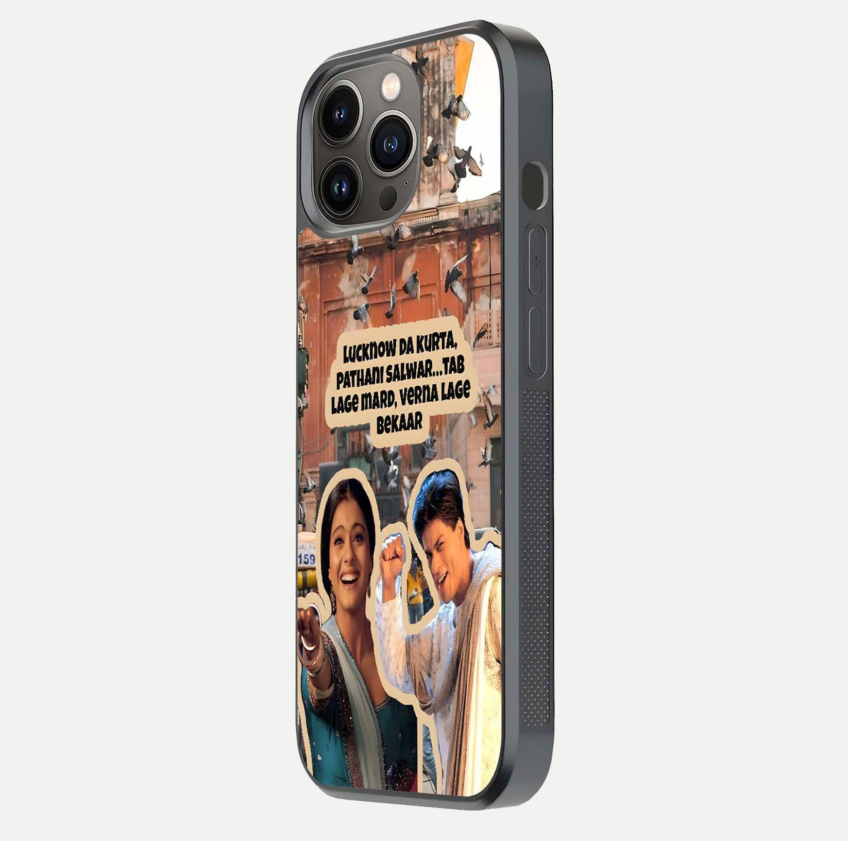 Desi Retro Vibes Glass Case for iPhone 13 Pro side-angle image displaying gloss texture and bold pattern