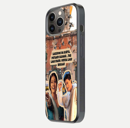 Desi Retro Vibes Glass Case for iPhone 13 Pro side-angle image displaying gloss texture and bold pattern