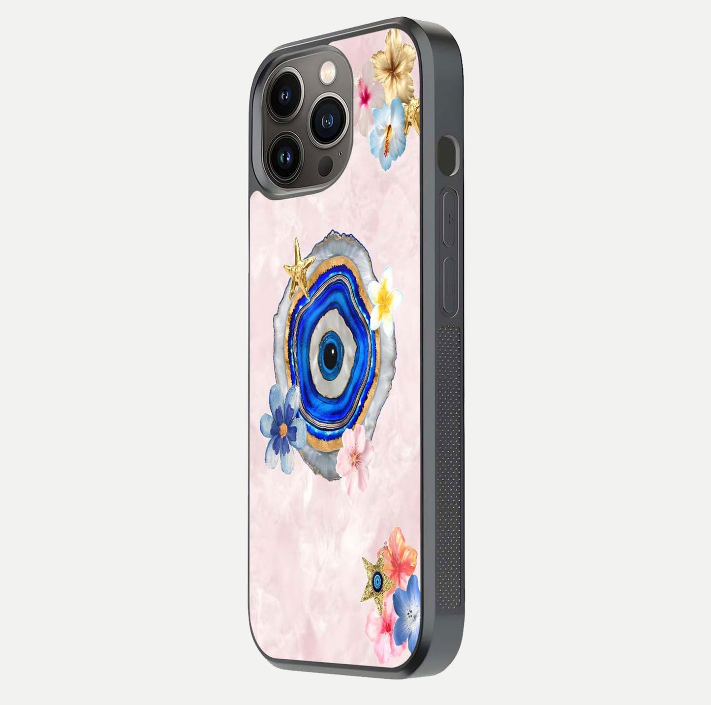 Divine Aura Bloom Glass Case for iPhone 13 Pro side-angle photo capturing reflection glow and premium polish