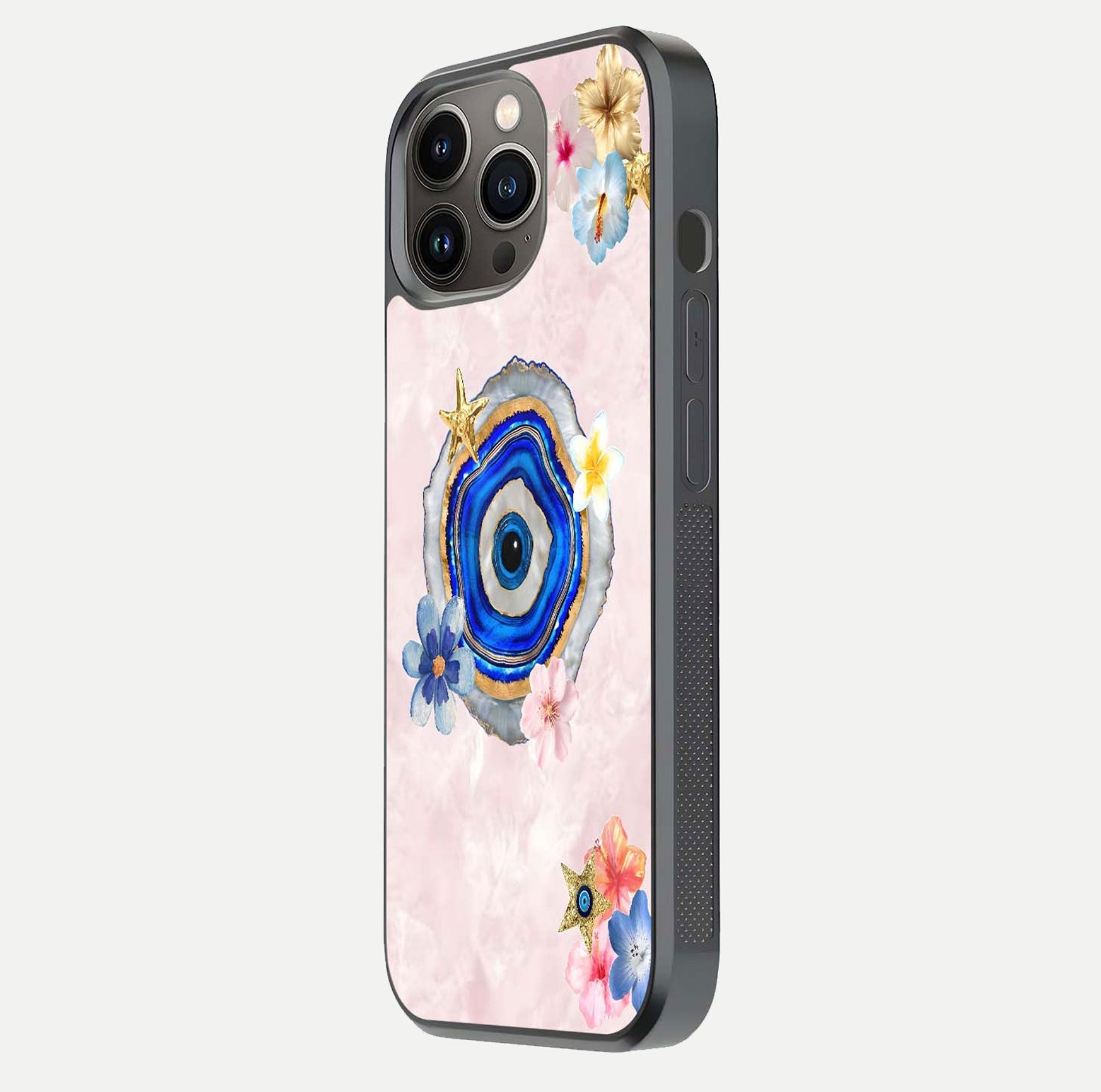Divine Aura Bloom Glass Case for iPhone 13 Pro side-angle photo capturing reflection glow and premium polish
