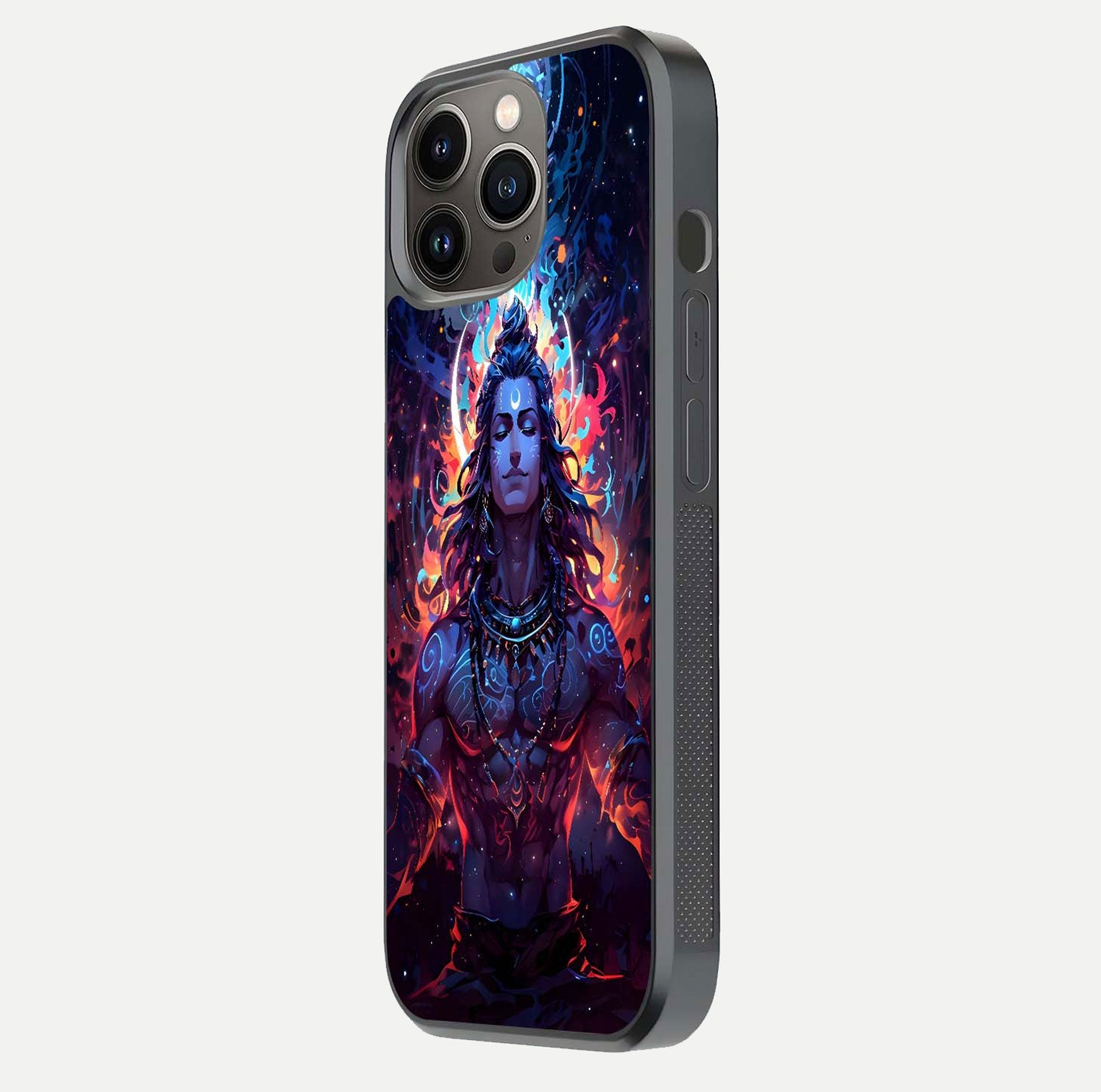 Divine Fire Shiv Glass Case for iPhone 13 Pro side-angle image showing reflection clarity and shine