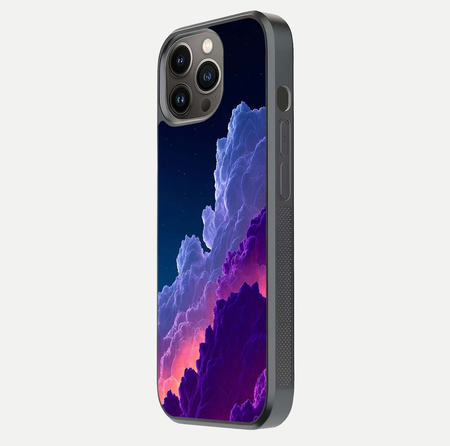 Dreamy Cloud Skies Glass Case for iPhone 13 Pro side-angle image showing reflection clarity and polish