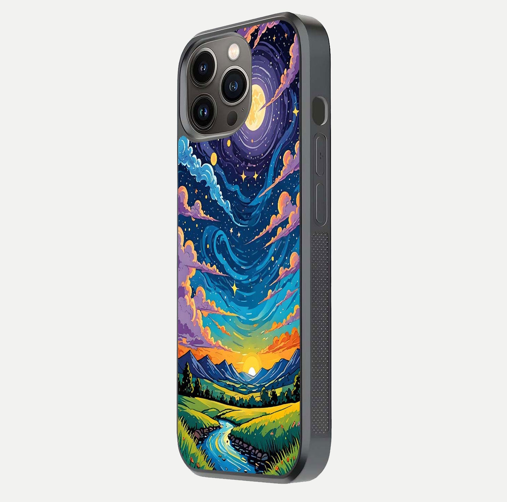 Dreamy Night Landscape Glass Case for iPhone 13 Pro side-angle photo capturing reflection glow and edge detail