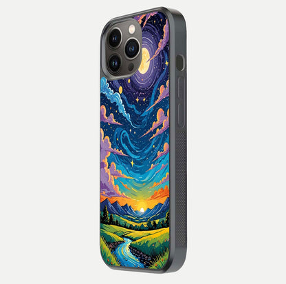 Dreamy Night Landscape Glass Case for iPhone 13 Pro side-angle photo capturing reflection glow and edge detail