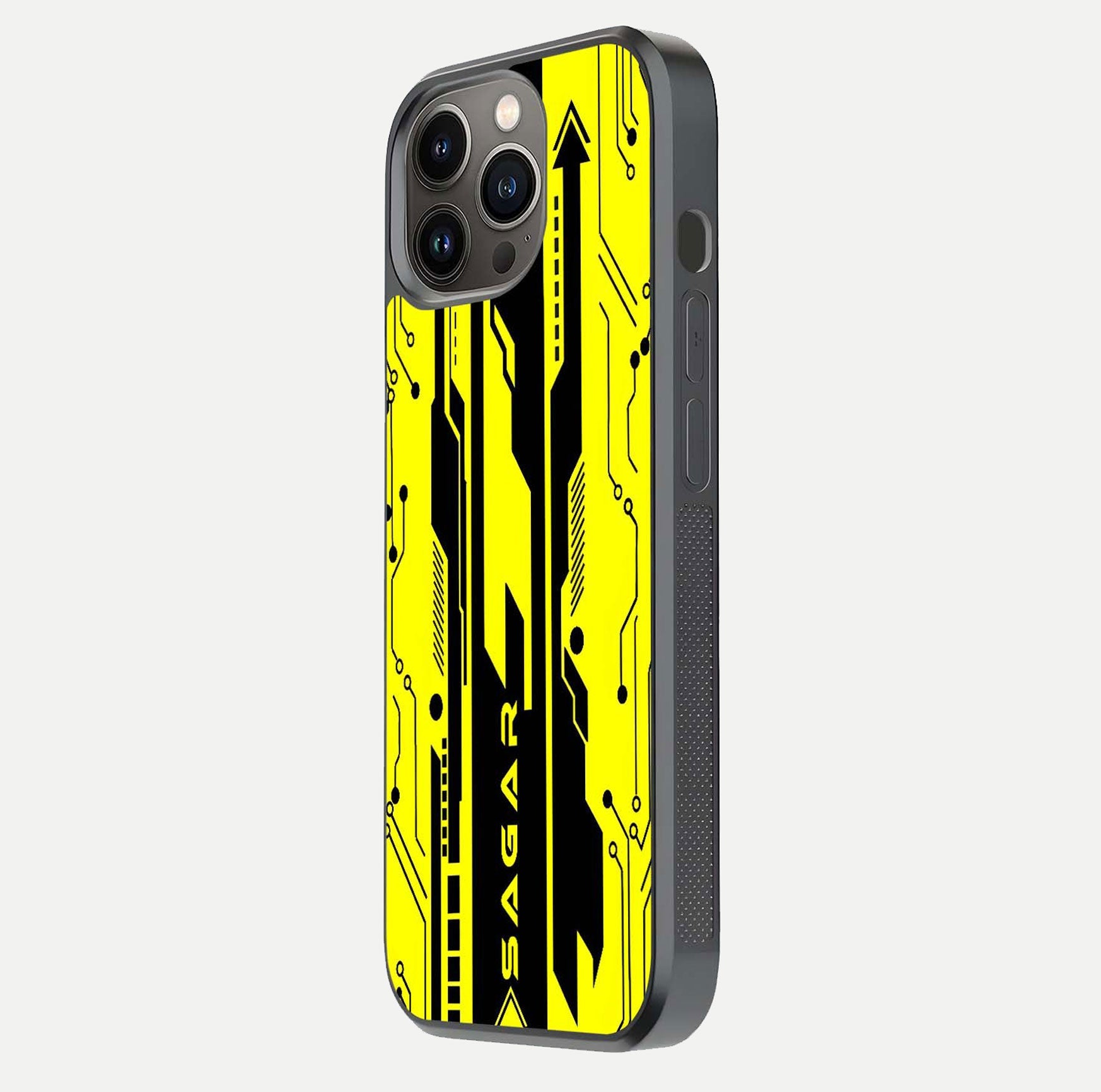Electric Pulse CYBERPUNK Custom Name Glass Case for iPhone 13 Pro side-angle image showing glossy reflection and edge illumination