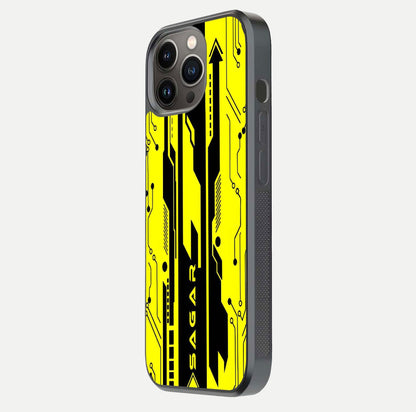 Electric Pulse CYBERPUNK Custom Name Glass Case for iPhone 13 Pro side-angle image showing glossy reflection and edge illumination