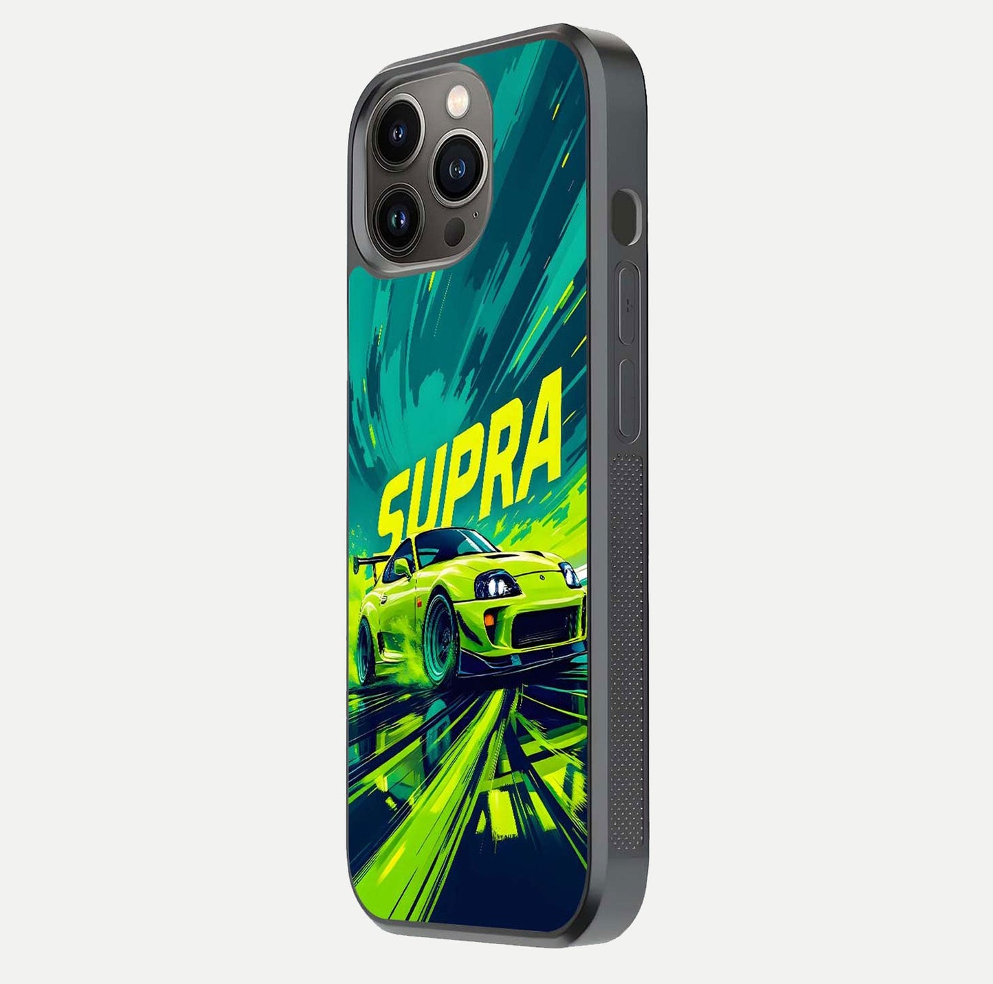 Electric Supra Thunder Glass Case for iPhone 13 Pro side-angle photo showing sleek car outline and reflective shine