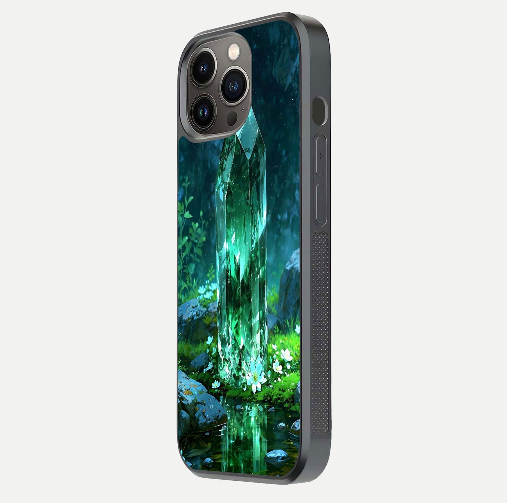 Emerald Light Crystal Glass Case for iPhone 13 Pro side-angle image showing gloss reflection and curved border