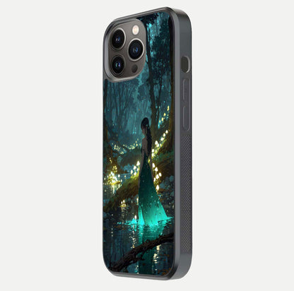 Enchanted Forest Glow Glass Case for iPhone 13 Pro side-angle image capturing shine reflection and rich detail