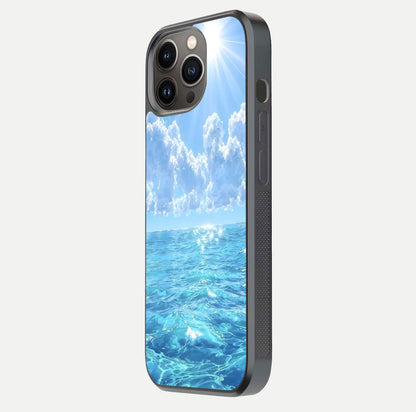 Endless Ocean Horizon Glass Case for iPhone 13 Pro side-angle photo showing reflection glow and wave tone