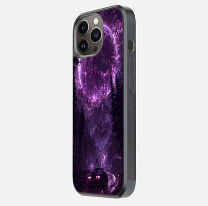 Eternal Cosmic Drive Glass Case for iPhone 13 Pro side-angle image showing reflection texture and color contrast