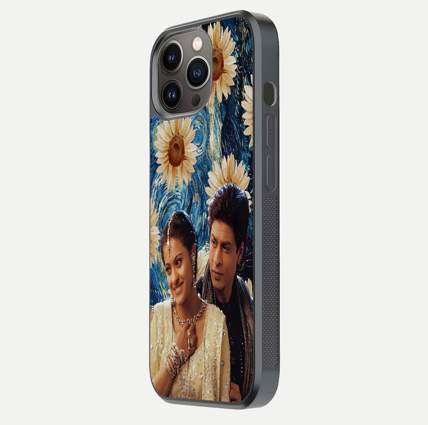 Eternal Love Story Glass Case for iPhone 13 Pro side-angle photo showing curved edges and polished surface