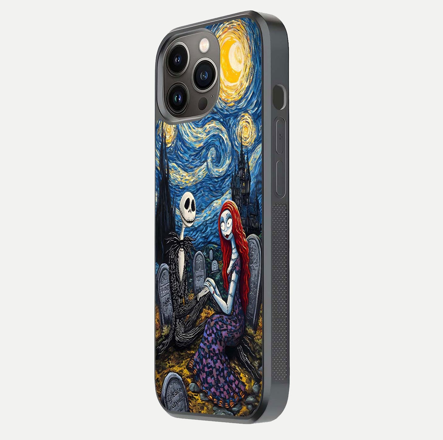 Eternal Night Love Glass Case for iPhone 13 Pro side-angle photo showing edge shine and soft reflection