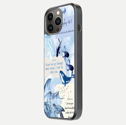 Faithful Ocean Promise Glass Case for iPhone 13 Pro side-angle photo showing reflection glow and color clarity