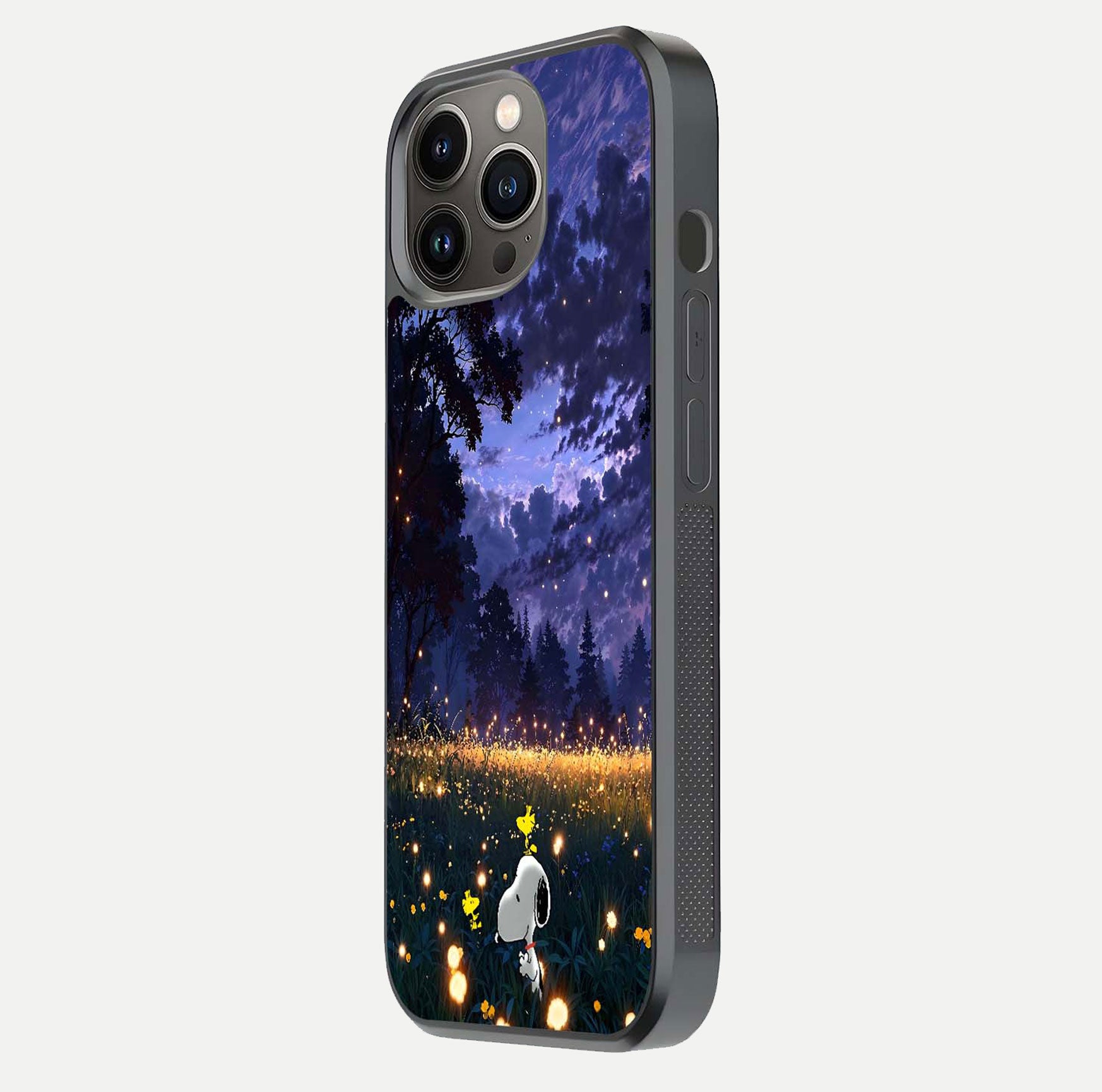 Firefly Meadow Magic Glass Case for iPhone 13 Pro side-angle image capturing glow reflection and fine texture