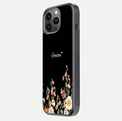 Floral Design Personalized Custom Name Glass Case for iPhone 13 Pro side-angle image showing name alignment and gloss shine