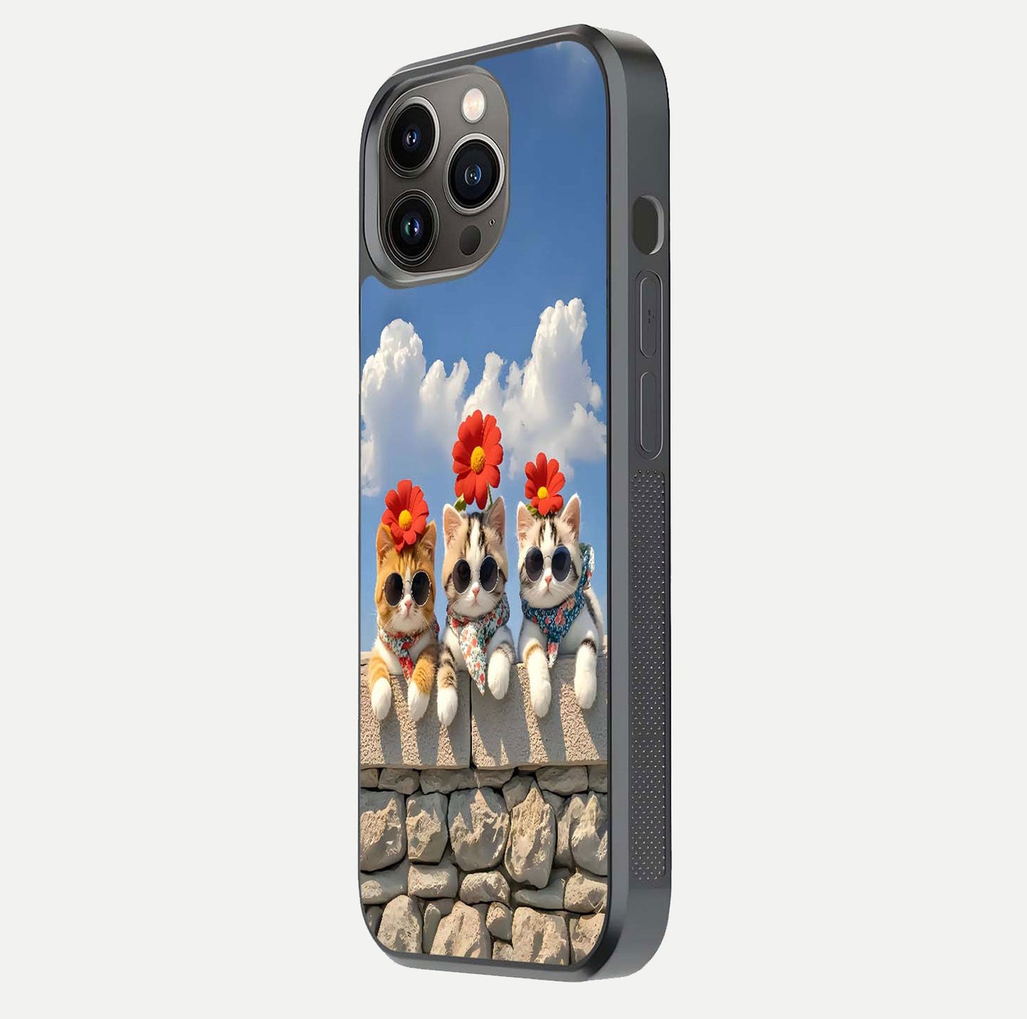 Floral Kitty Squad Glass Case for iPhone 13 Pro side-angle photo showing reflection glow and polished surface