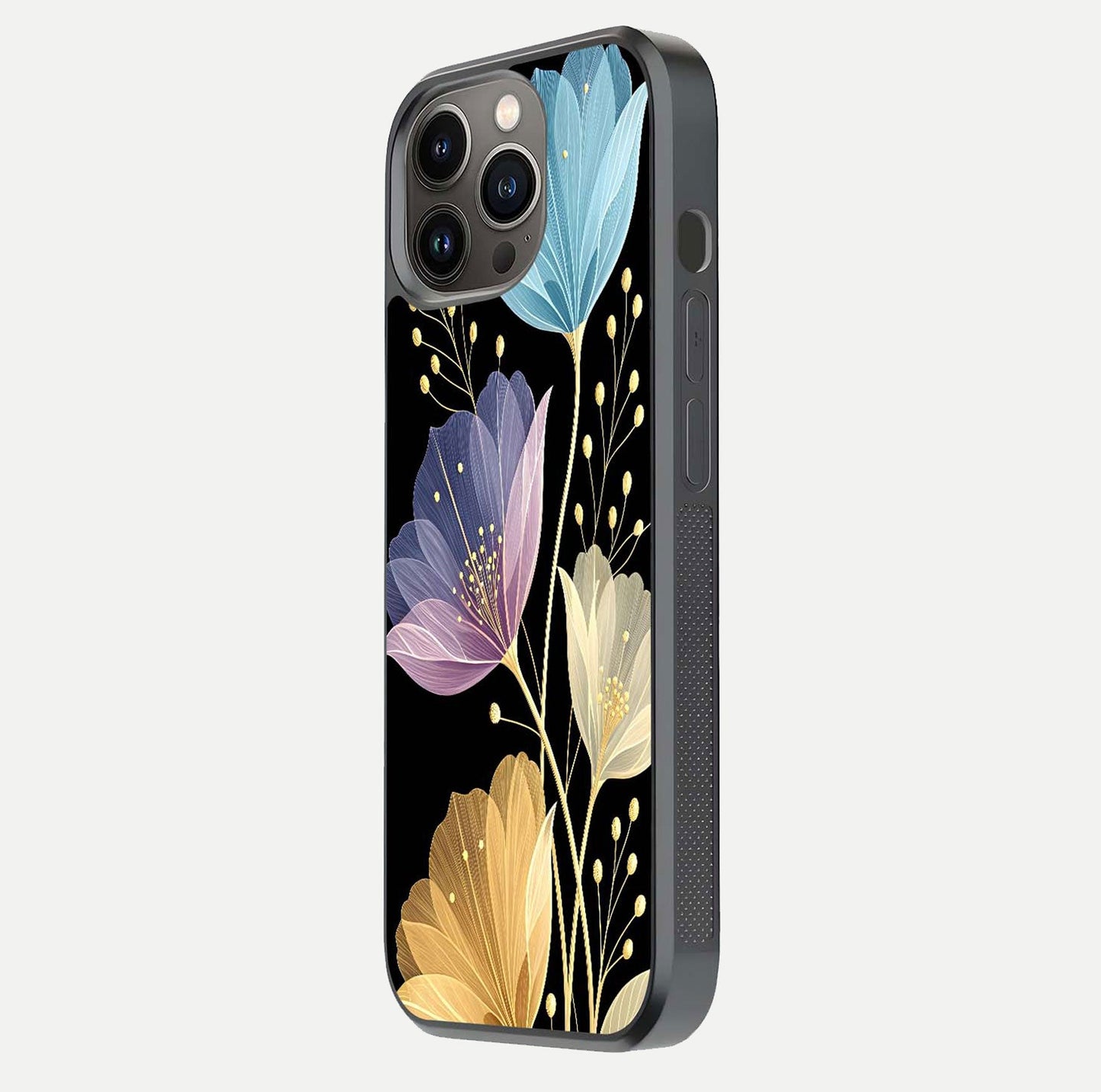 Flower Bloom Glow Glass Case for iPhone 13 Pro side-angle image capturing gloss reflection and flower glow