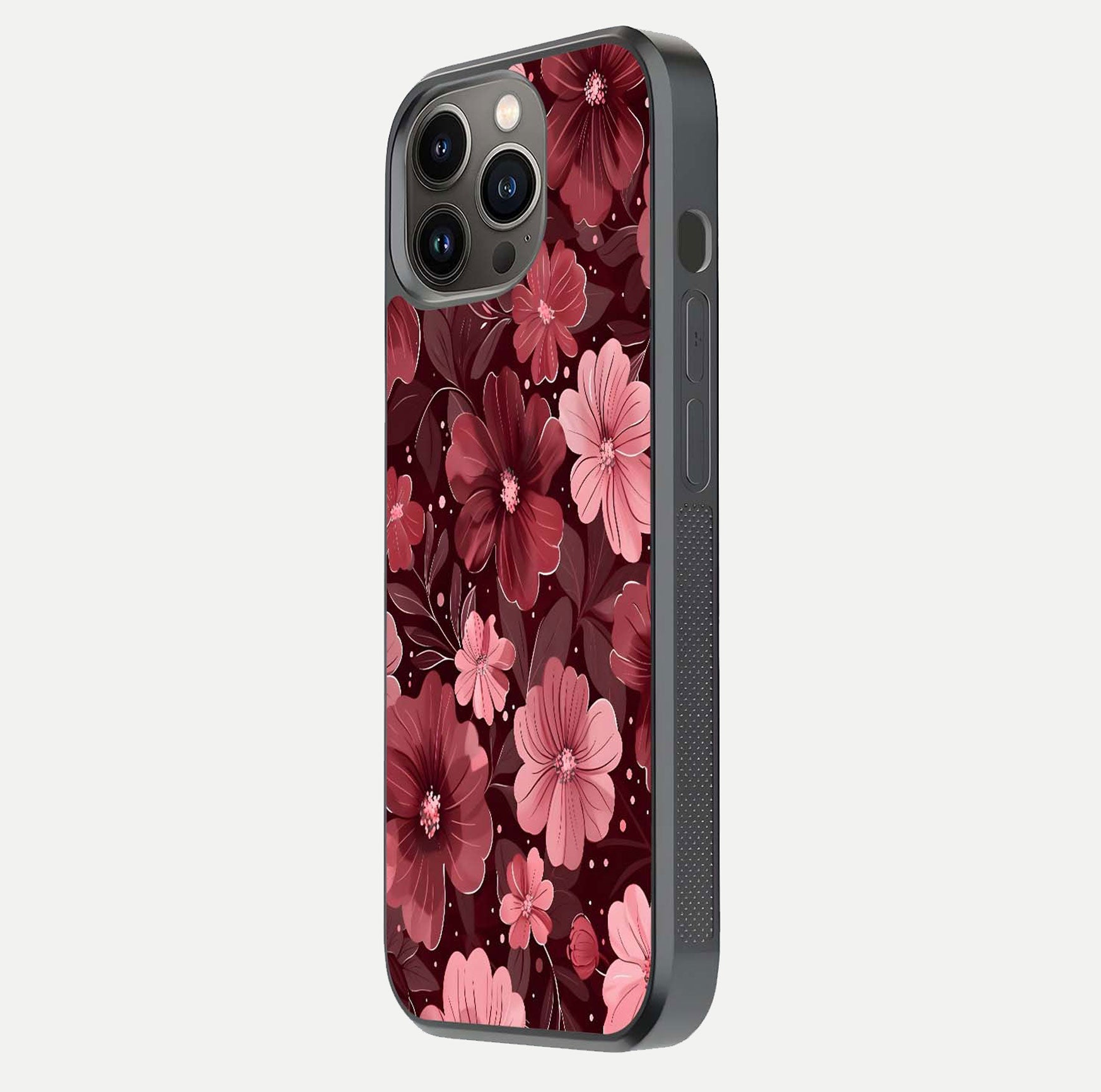 Flower Blush Bloom Glass Case for iPhone 13 Pro side-angle photo showing glass reflection and delicate hues