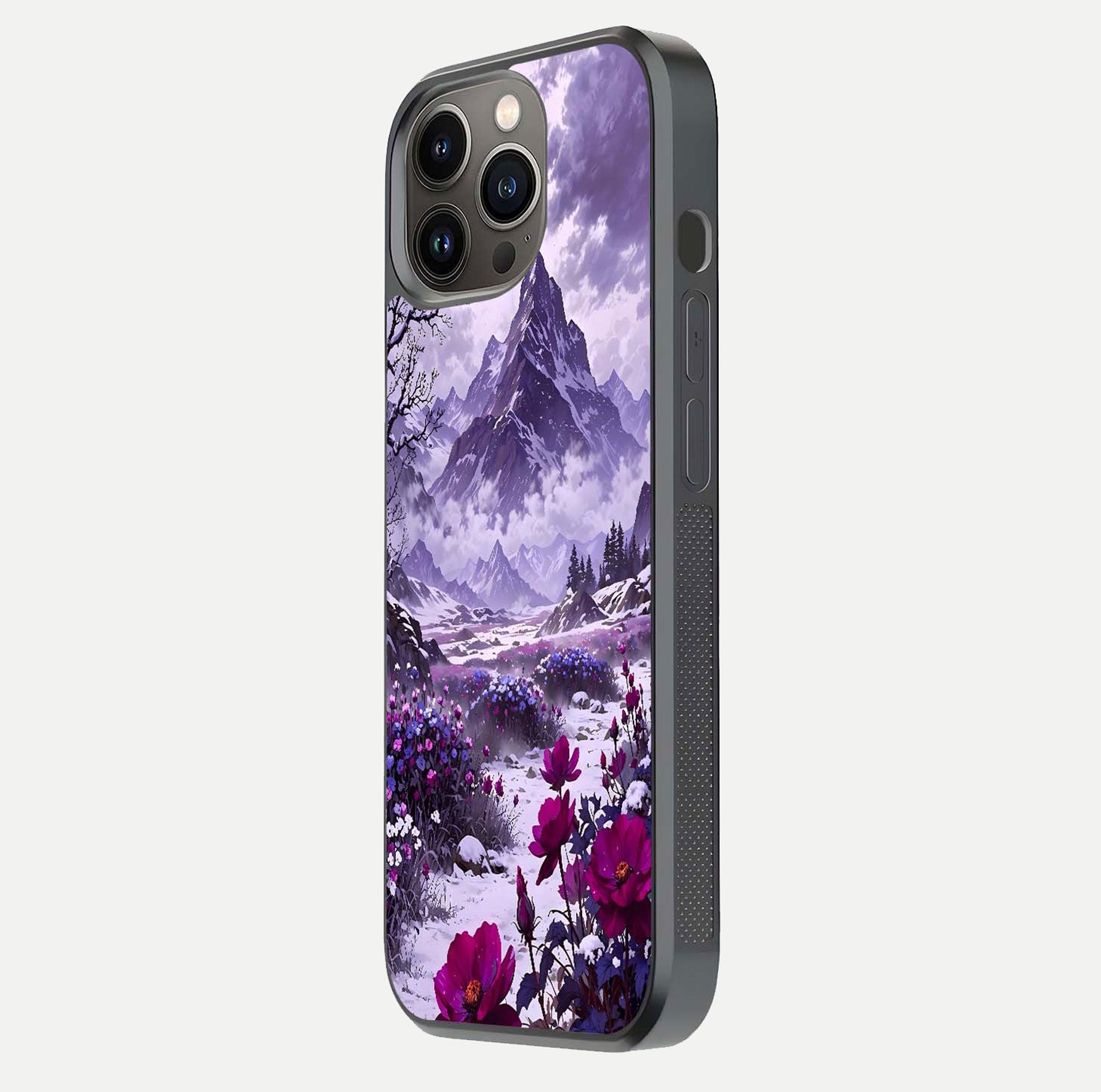 Flower Mountain View Glass Case for iPhone 13 Pro side-angle image showing gloss polish and smooth edge