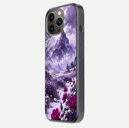 Flower Mountain View Glass Case for iPhone 13 Pro side-angle image showing gloss polish and smooth edge
