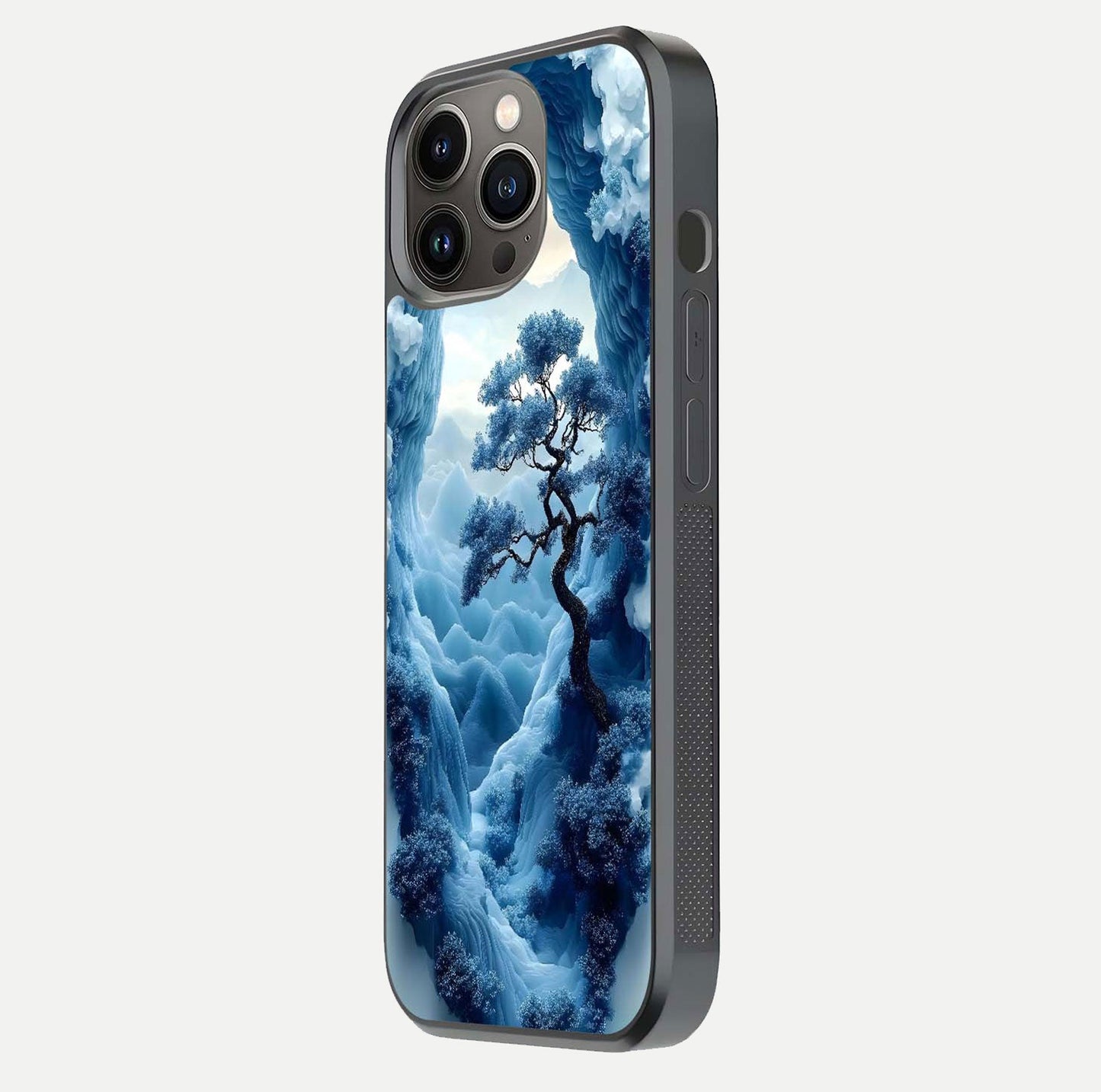 Frozen Serenity Gate Glass Case for iPhone 13 Pro side-angle photo showing reflective surface and cold tones