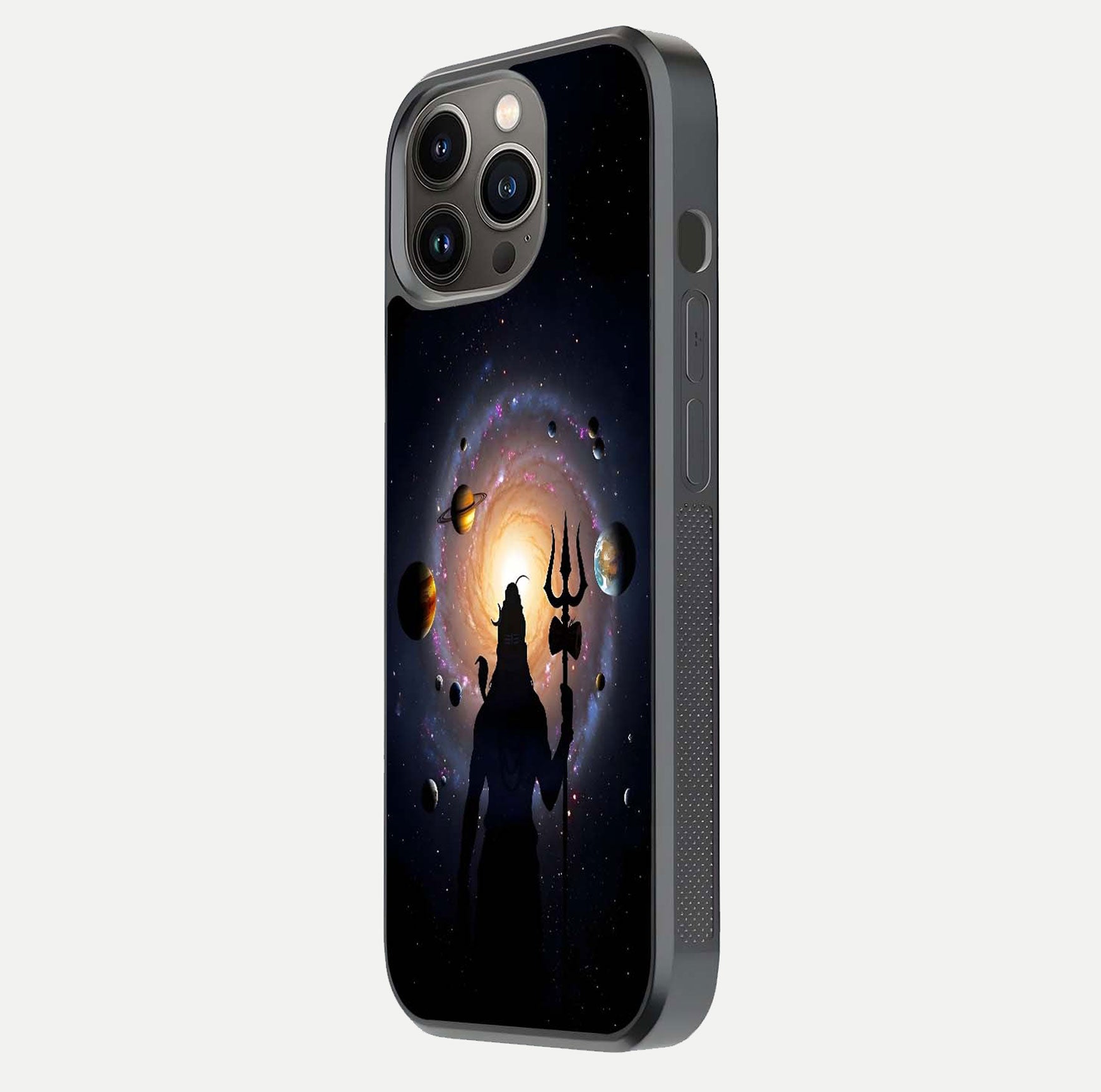Galactic Shiva Vision Glass Case for iPhone 13 Pro side-angle image showing light reflection, glass edges, and spiritual cosmic theme