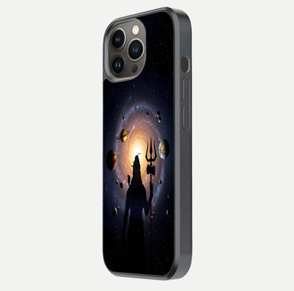 Galactic Shiva Vision Glass Case for iPhone 13 Pro side-angle image showing light reflection, glass edges, and spiritual cosmic theme