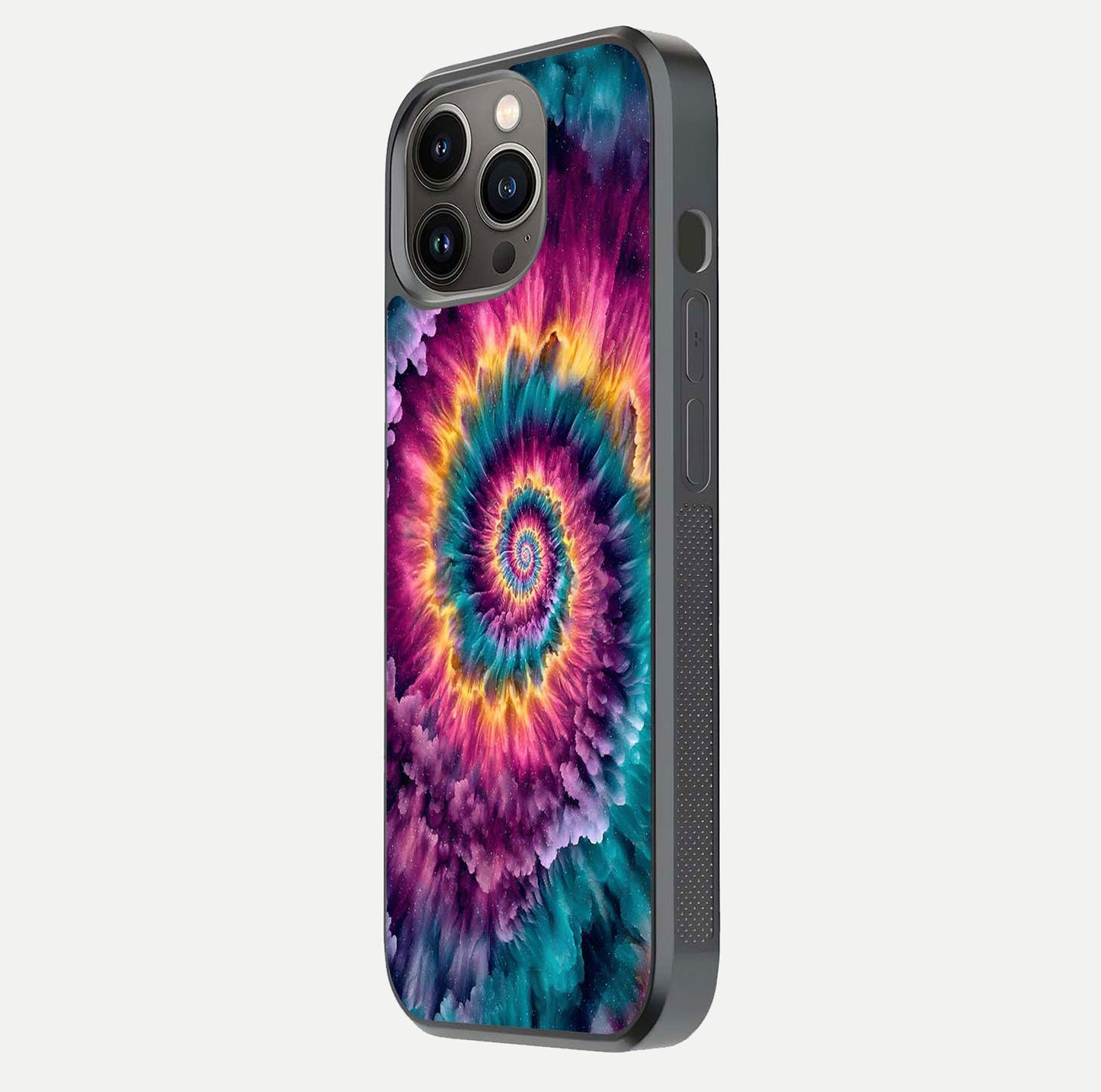 Galactic Spiral Burst Glass Case for iPhone 13 Pro side-angle image showing reflection clarity and vivid galactic texture