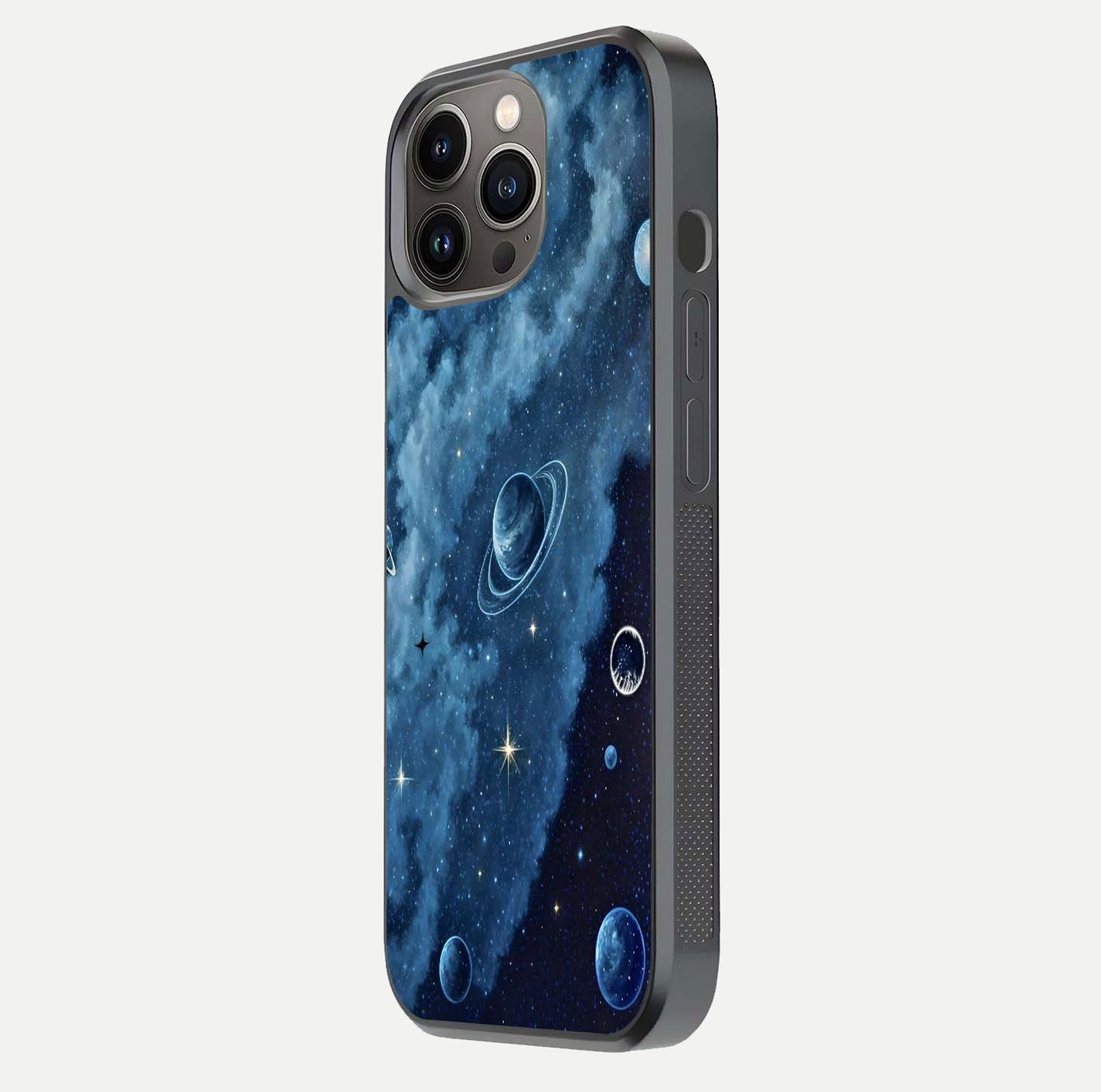 Galaxy Dream Space Glass Case for iPhone 13 Pro side-angle image capturing reflection clarity and galactic texture