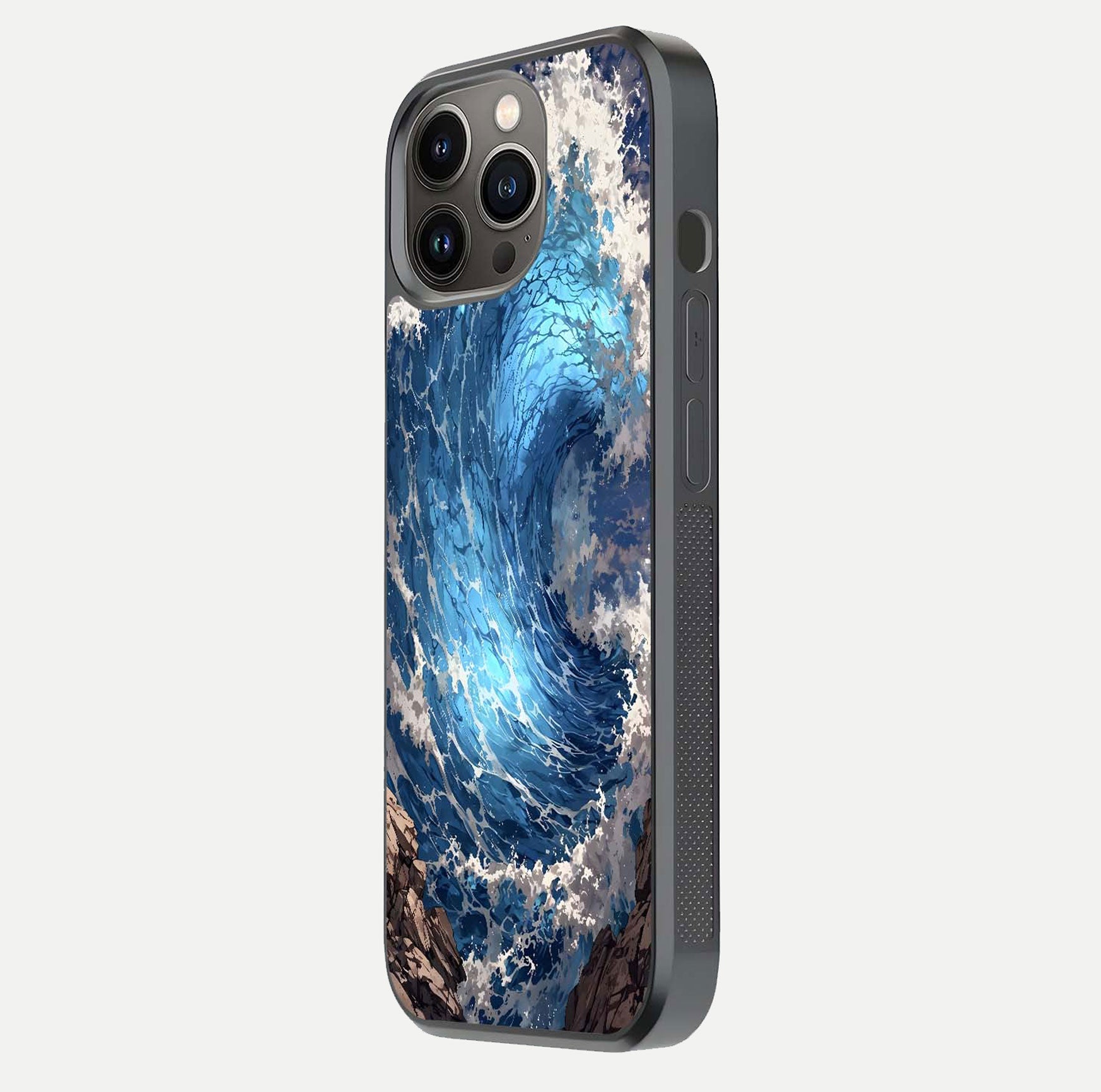 Giant Ocean Wave Glass Case for iPhone 13 Pro side-angle image showing light reflection and ocean detail