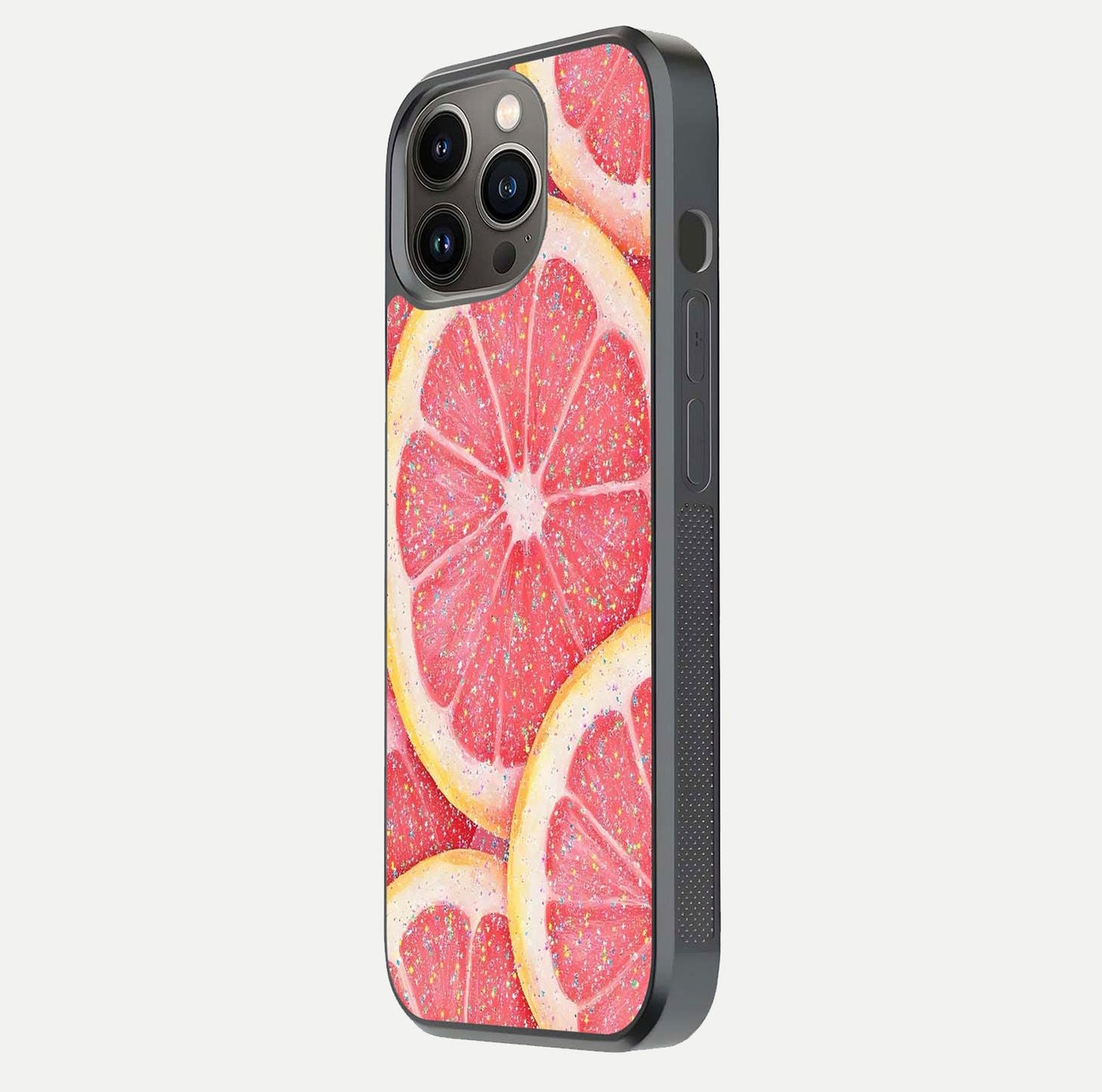 Glitter Grapefruit Glass Case for iPhone 13 Pro side-angle image showing reflection glow and polished edges