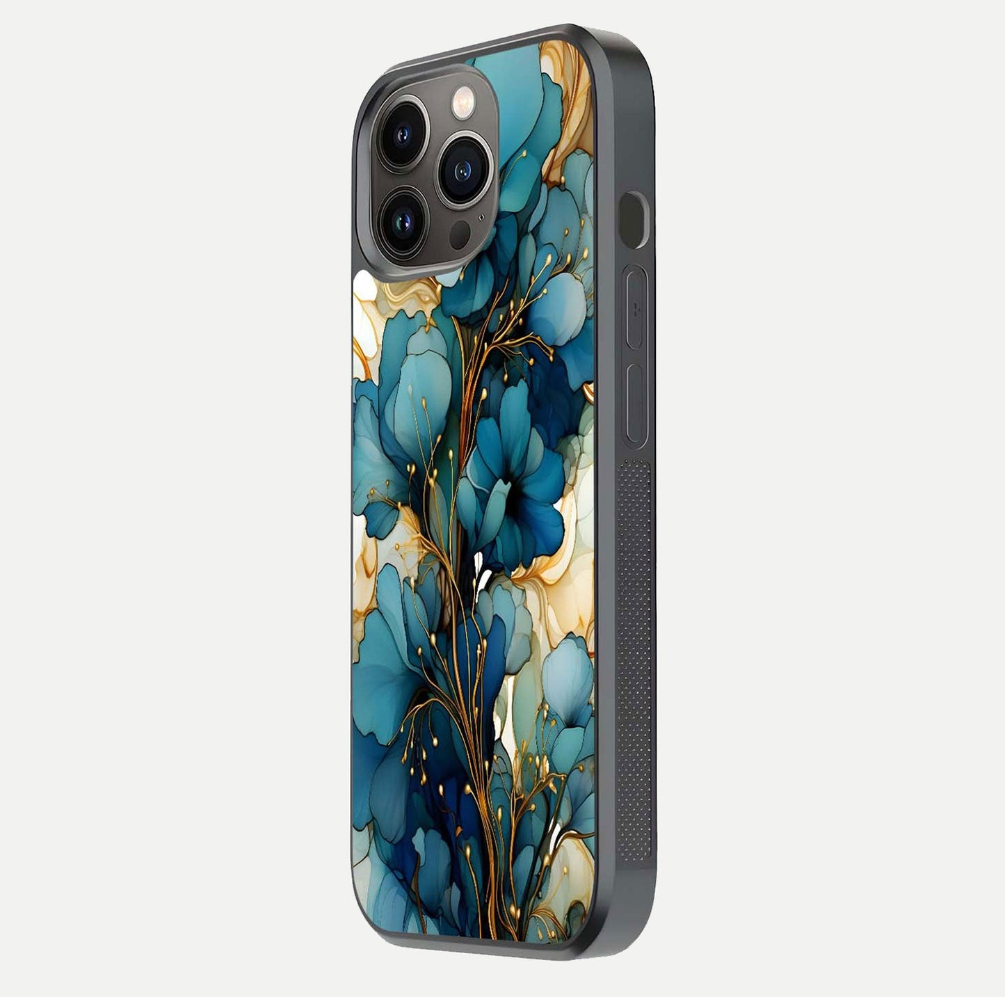 Golden Bloom Symphony Glass Case for iPhone 13 Pro side-angle image showing golden glow, light reflection, and premium surface