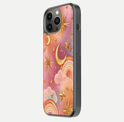 Golden Celestial Dreams Glass Case for iPhone 13 Pro side-angle image capturing reflection brightness and starry detail