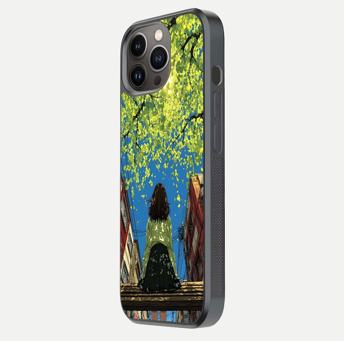 Golden Leaves Glow Glass Case for iPhone 13 Pro side-angle image showing reflection polish and elegant pattern