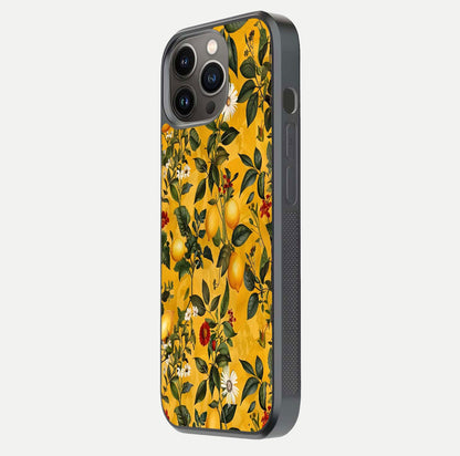 Golden Lemon Field Glass Case for iPhone 13 Pro side-angle image showing reflection clarity and juicy color tone