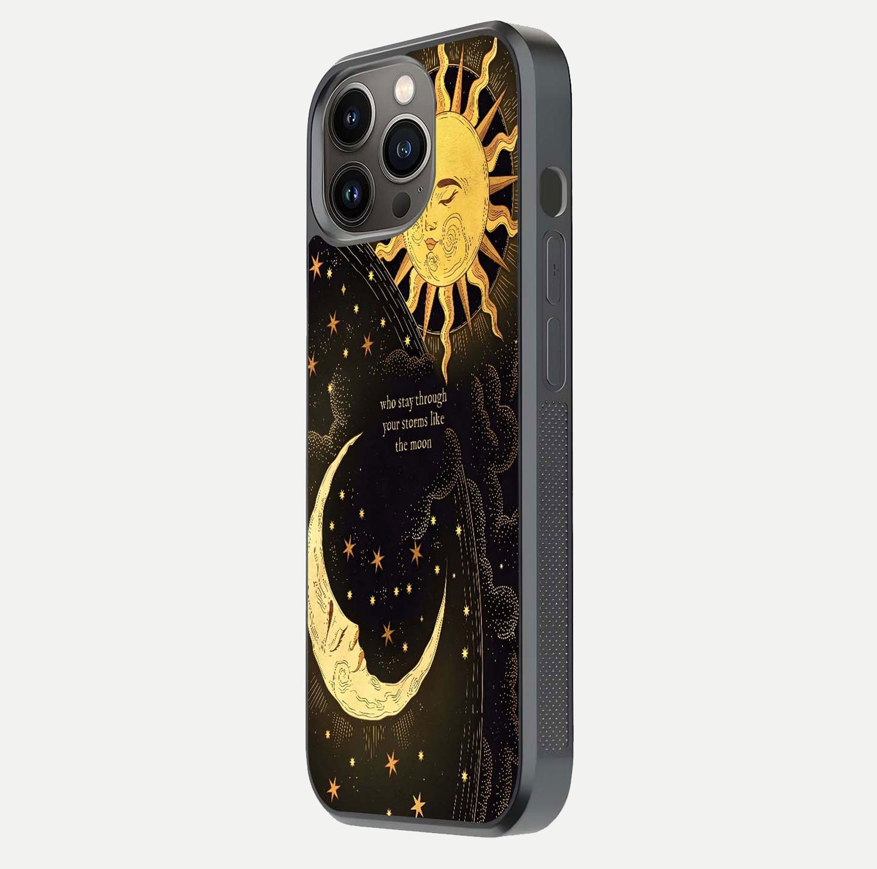 Golden Lunar Love Glass Case for iPhone 13 Pro side-angle image showing reflection brilliance and smooth golden tone