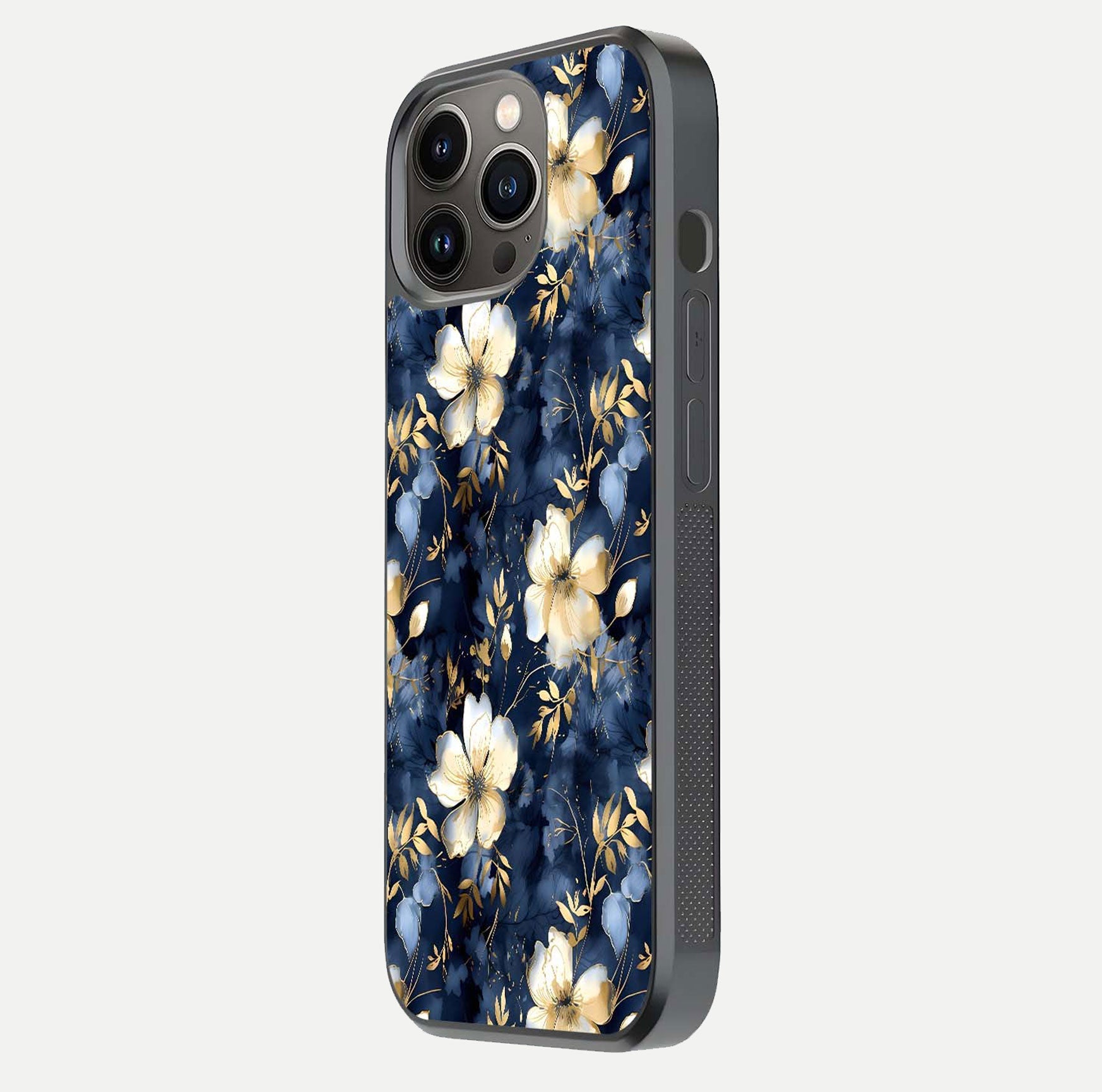 Golden Midnight Bloom Glass Case for iPhone 13 Pro side-angle image showing shine depth and elegant edge design
