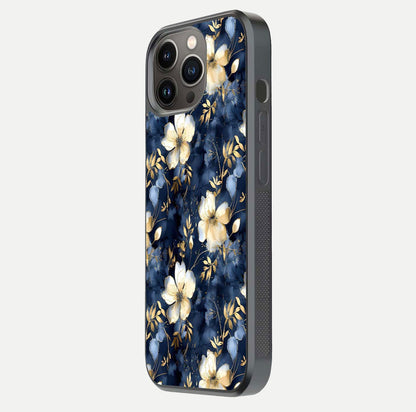 Golden Midnight Bloom Glass Case for iPhone 13 Pro side-angle image showing shine depth and elegant edge design