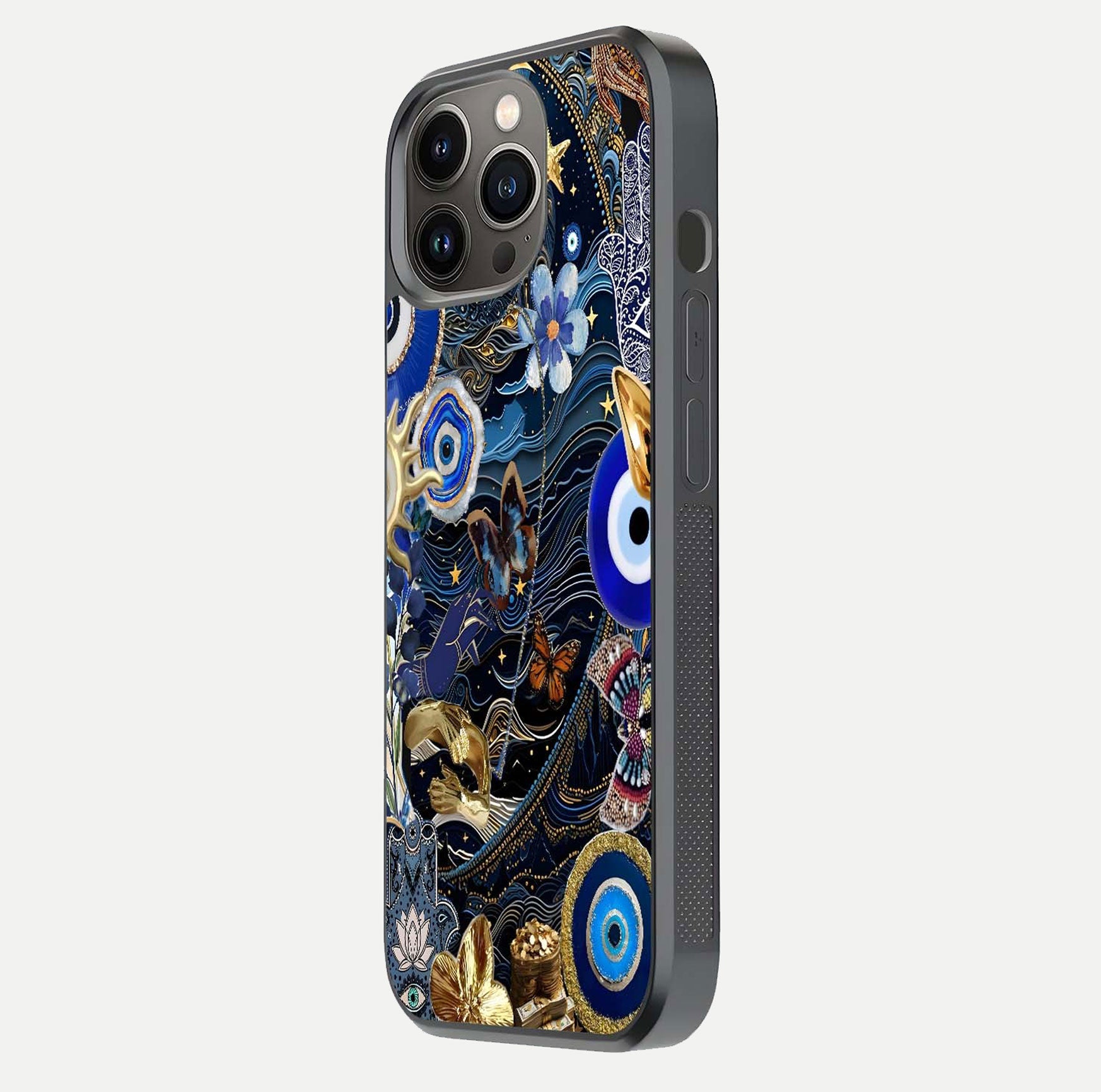 Golden Moon Magic Glass Case for iPhone 13 Pro side-angle image showing reflection glow, curved polish, and moon detail