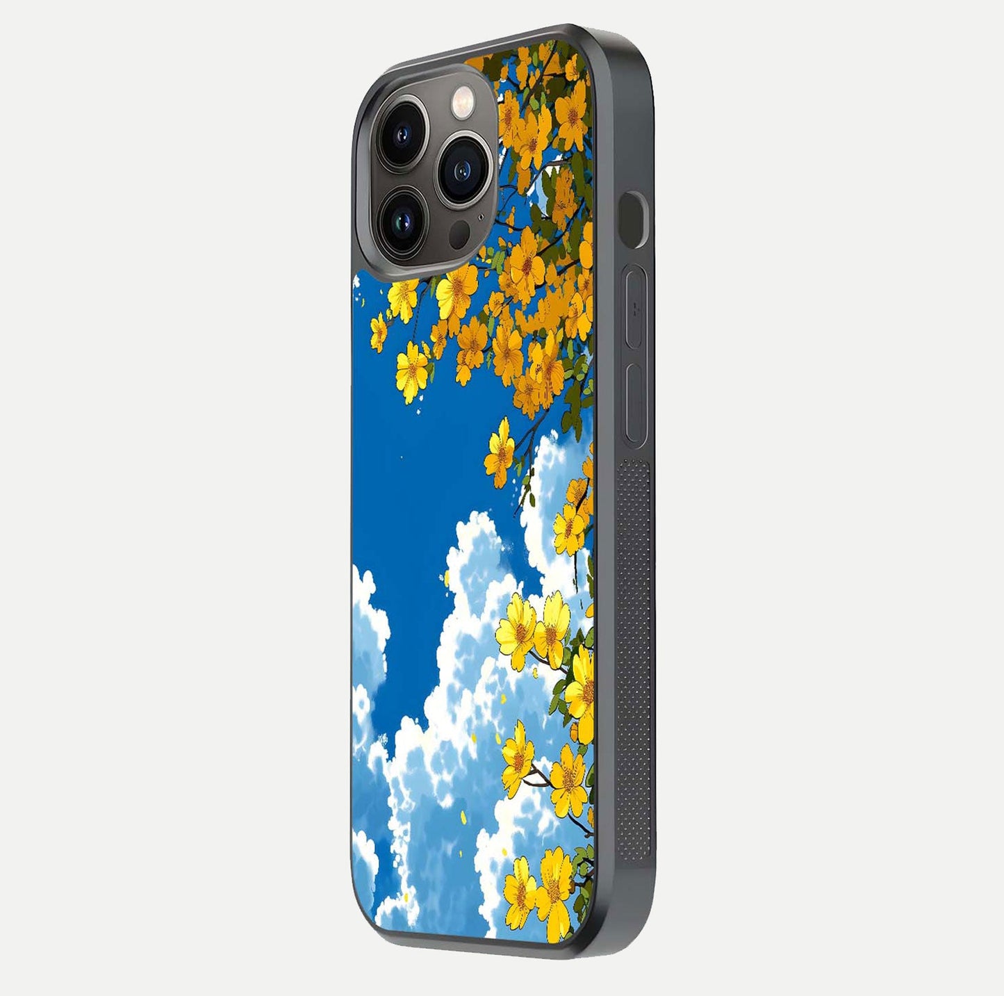 Golden Petal Sky Glass Case for iPhone 13 Pro side-angle image showing reflection depth and metallic floral tones