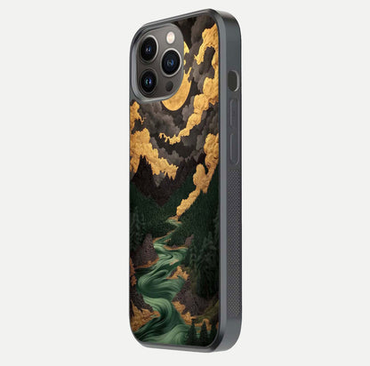 Golden River Moon Glass Case for iPhone 13 Pro side-angle image showing reflection clarity and detailed nightscape