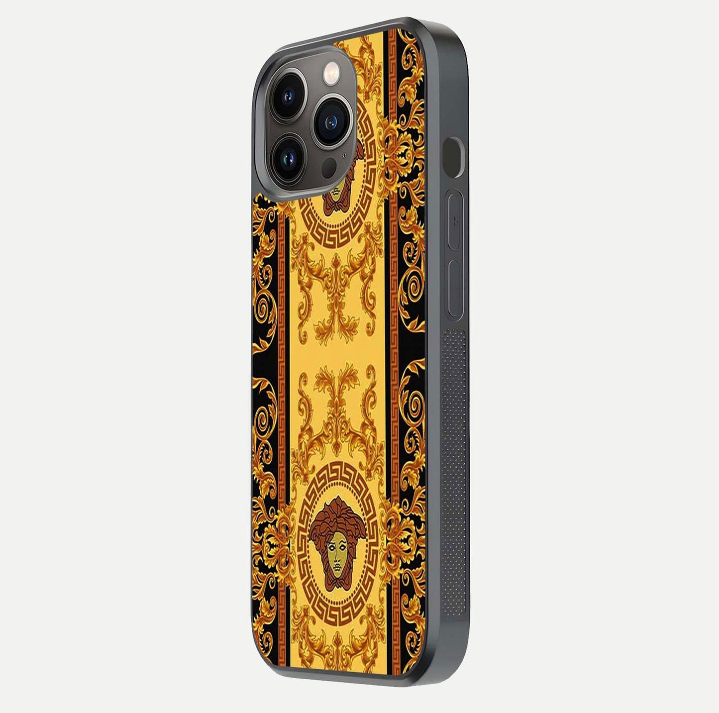Golden Royal Heritage Glass Case for iPhone 13 Pro side-angle image showing reflection glow and luxury detailing