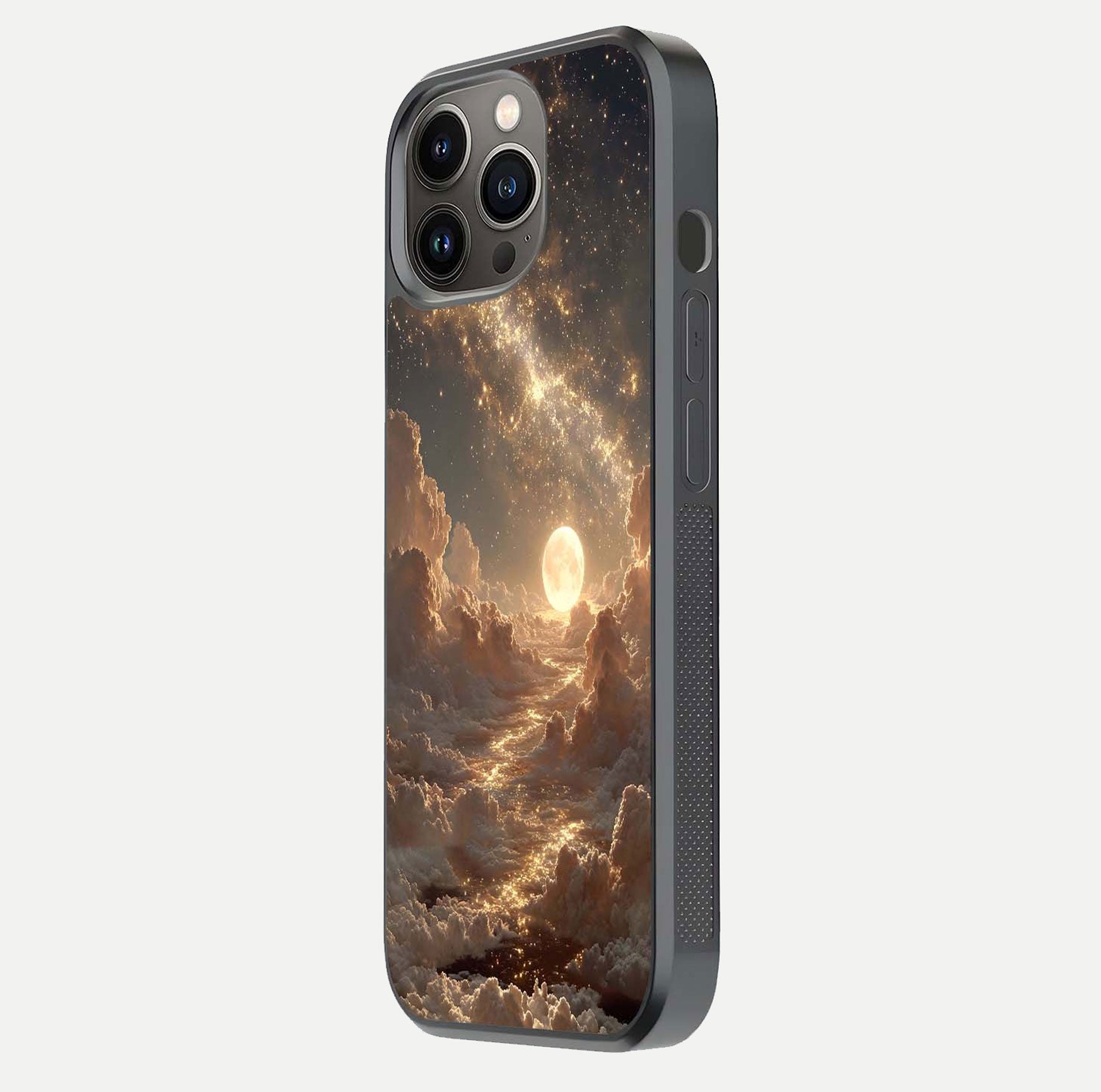 Golden Sky Dream Glass Case for iPhone 13 Pro side-angle image showing reflection shine and smooth surface