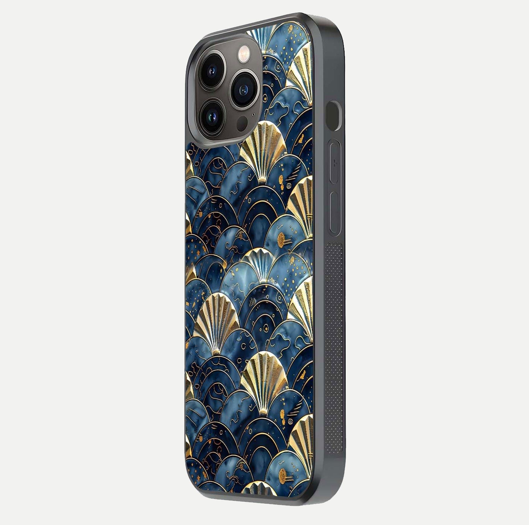 Golden Wave Luxe Glass Case for iPhone 13 Pro side-angle image showing reflection clarity and polished finish