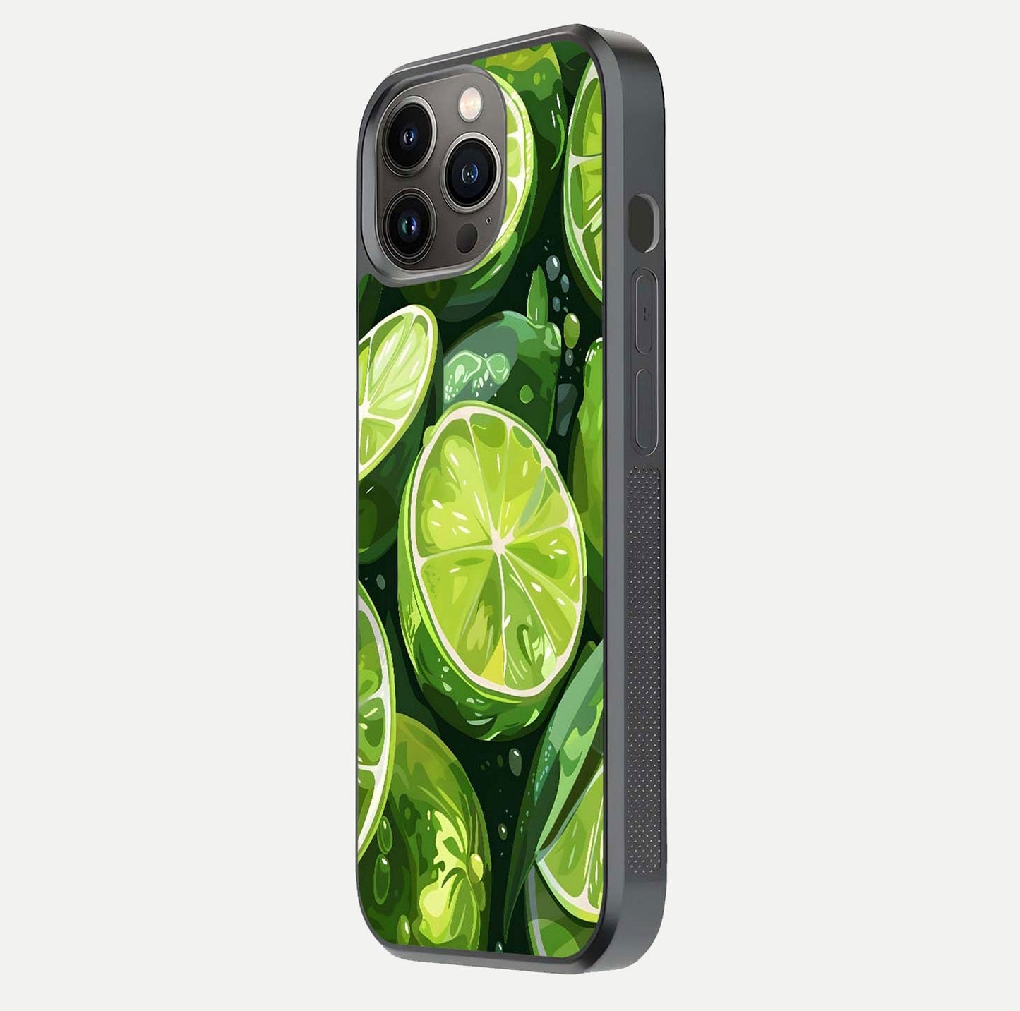 Green Lemon Glass Case for iPhone 13 Pro side-angle image showing reflection glow and juicy color tones