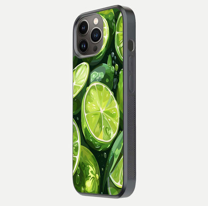 Green Lemon Glass Case for iPhone 13 Pro side-angle image showing reflection glow and juicy color tones
