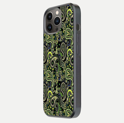 Green Mandala Pattern Glass Case for iPhone 13 Pro side-angle image showing reflection clarity and detailed pattern lines