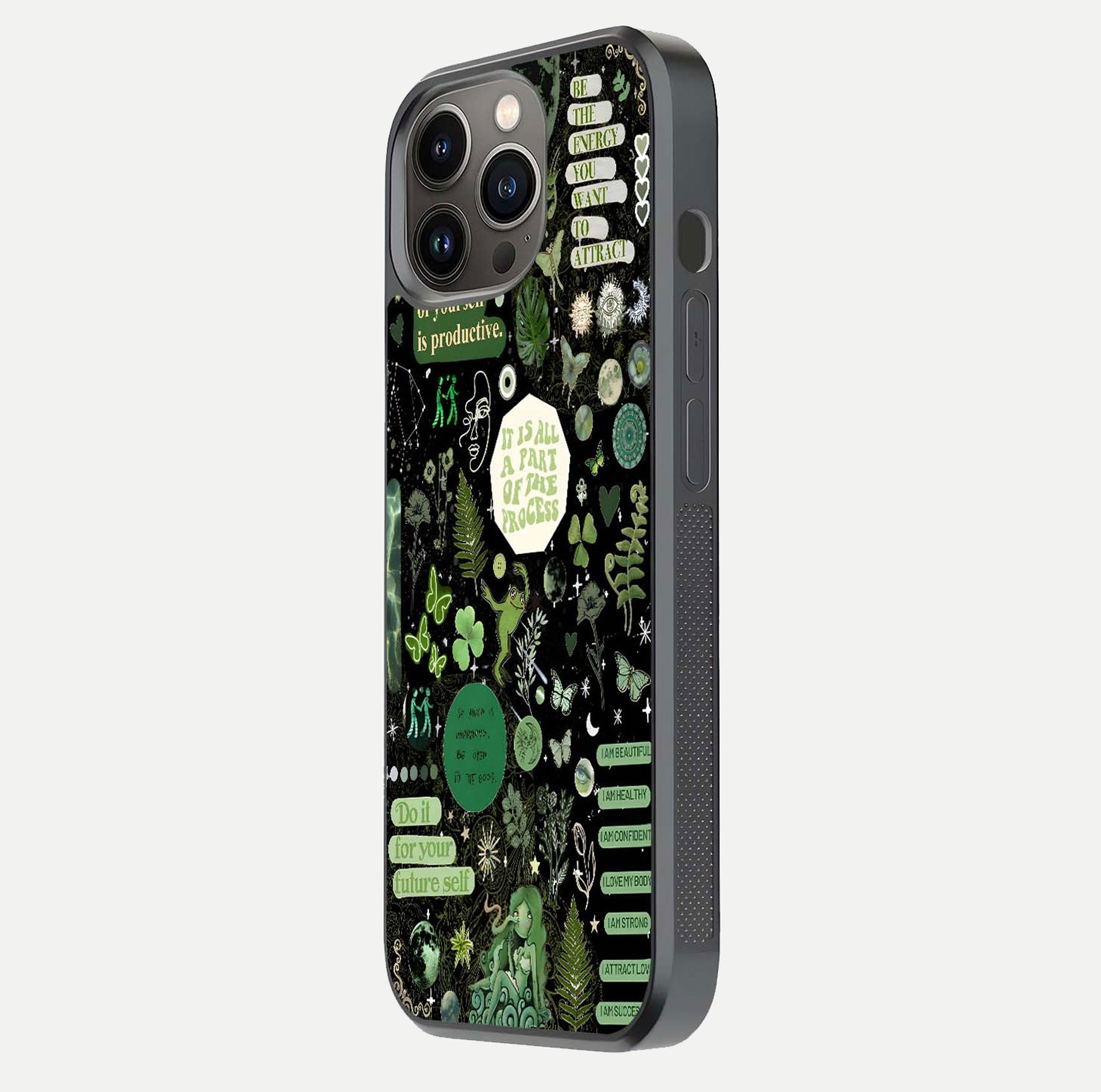 Green Moon Energy Glass Case for iPhone 13 Pro side-angle image showing reflection brilliance and curved finish